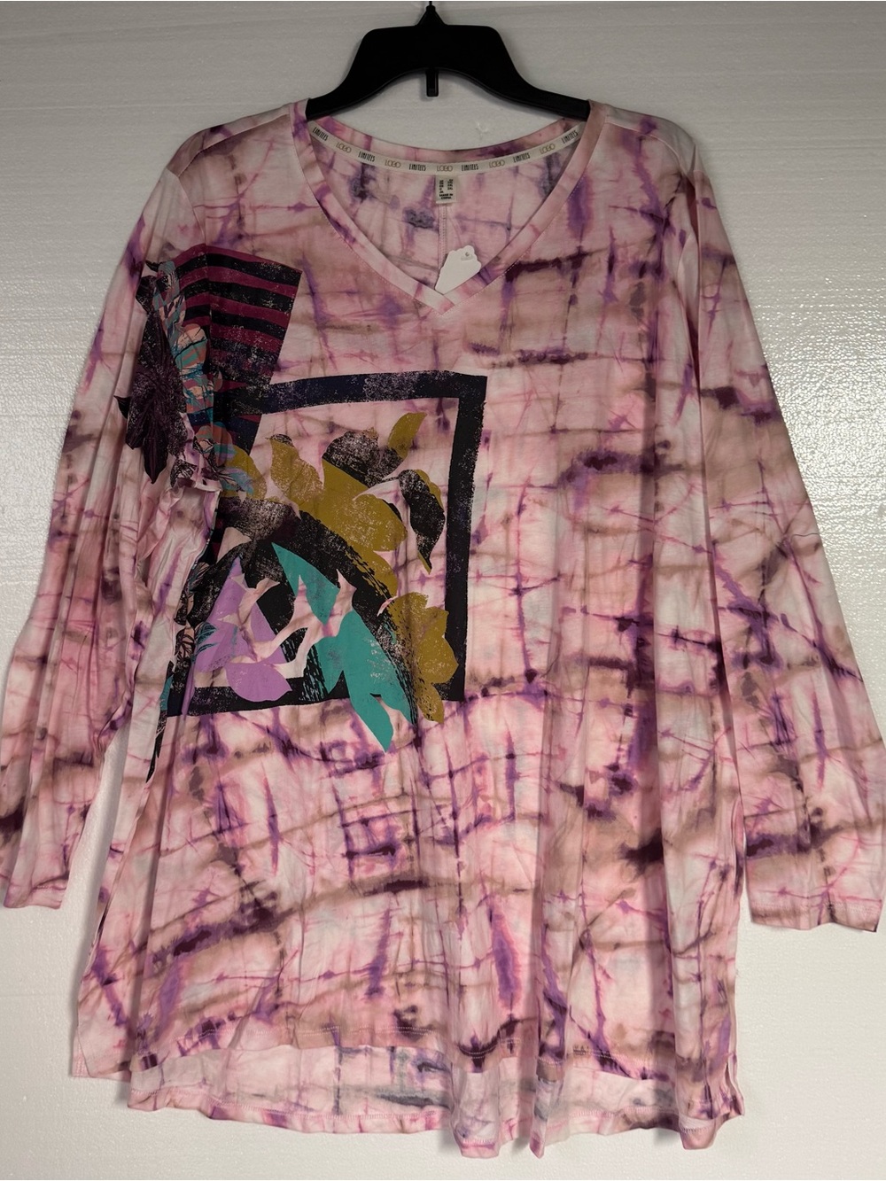LOGO by Lori Goldstein Women Size 2X Pink Purple Abstract Artsy V-Neck Tunic Top